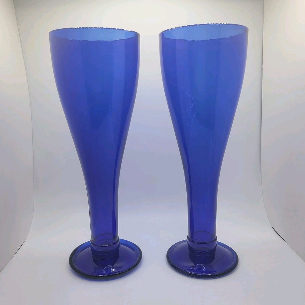 Champagne Flutes Pilsner Wine Glasses Cobalt Blue Set of 2 Mid-Century Modern